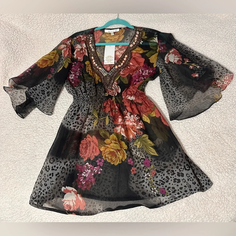 Vintage Solitaire Beaded Floral Sheer Blouse Top Animal Print Butterfly Sleeves - Picture 1 of 12